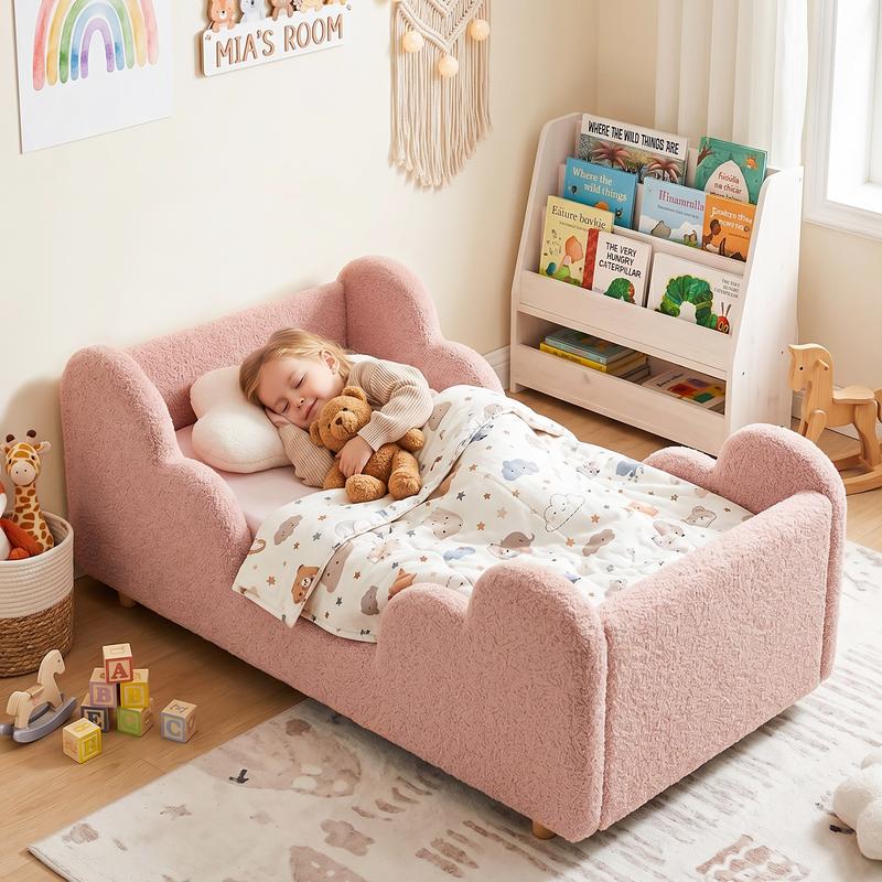 Cloud-Shaped Boucle Upholstered Toddler Bed with Safety Rails