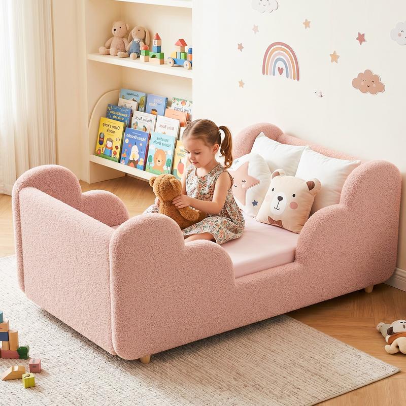 Cloud-Shaped Boucle Upholstered Toddler Bed with Safety Rails