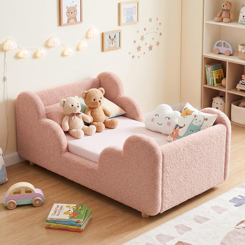 Cloud-Shaped Boucle Upholstered Toddler Bed with Safety Rails