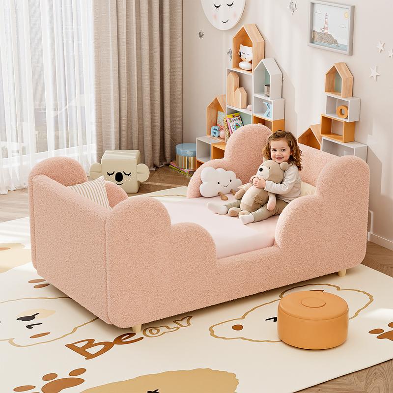 Cloud-Shaped Boucle Upholstered Toddler Bed with Safety Rails