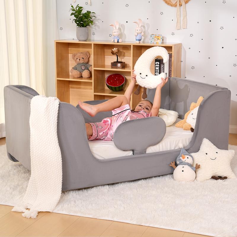 Cloud-Shaped Boucle Upholstered Toddler Bed with Safety Rails
