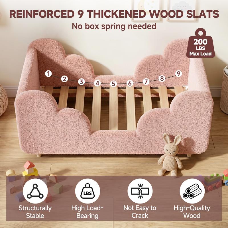 Cloud-Shaped Boucle Upholstered Toddler Bed with Safety Rails