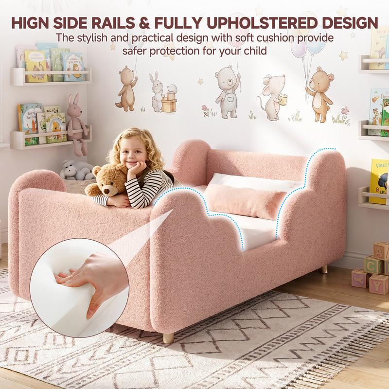 Cloud-Shaped Boucle Upholstered Toddler Bed with Safety Rails