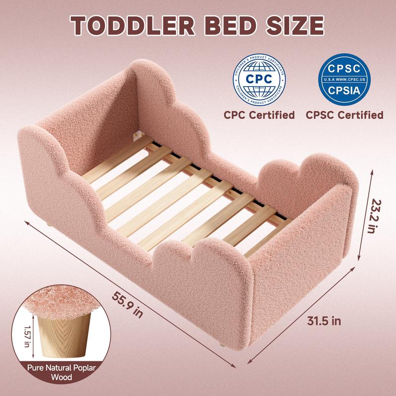 Cloud-Shaped Boucle Upholstered Toddler Bed with Safety Rails