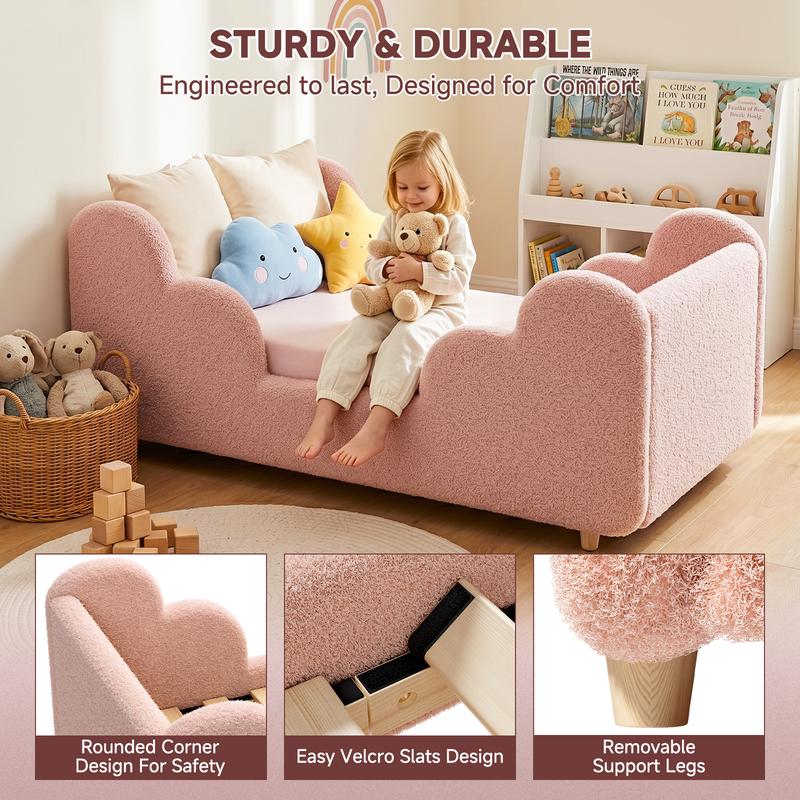 Cloud-Shaped Boucle Upholstered Toddler Bed with Safety Rails