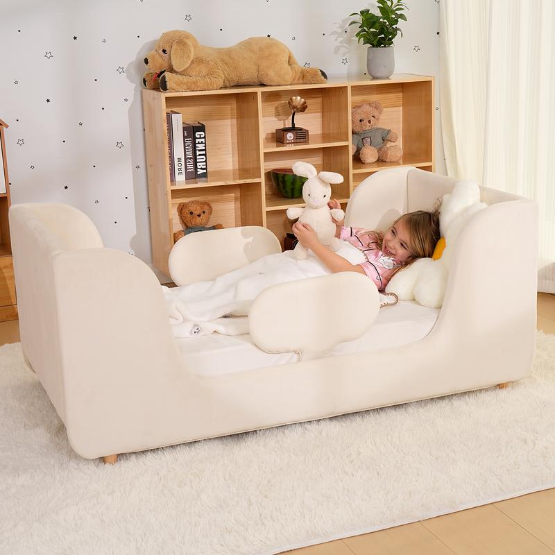 Cloud-Shaped Boucle Upholstered Toddler Bed with Safety Rails