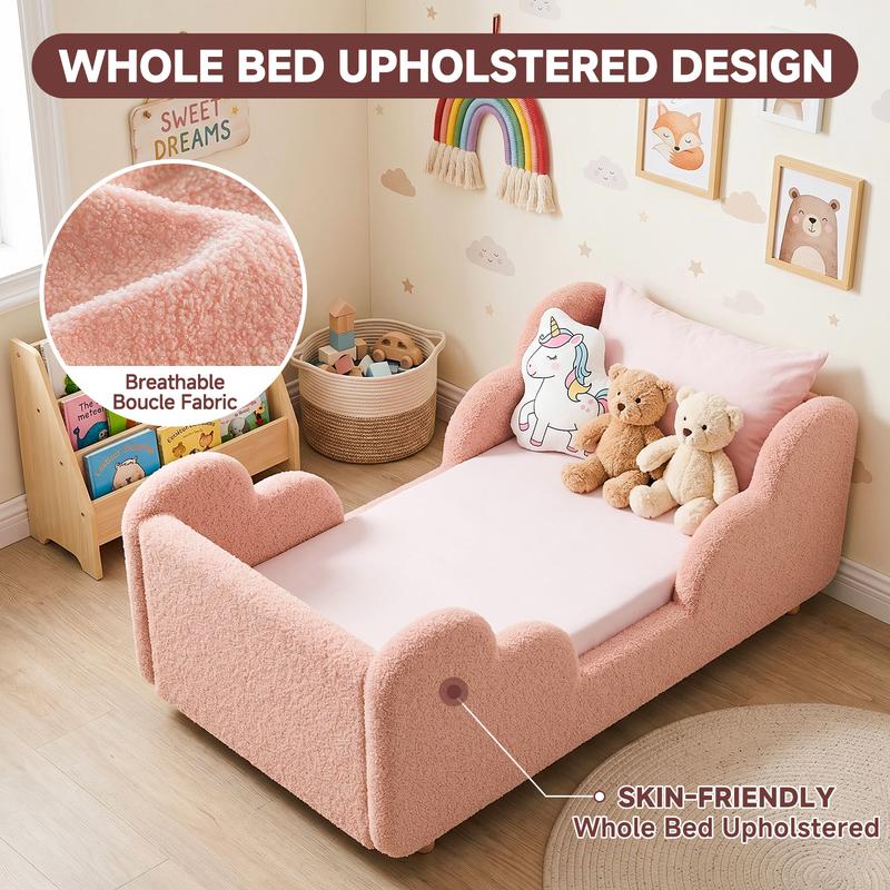 Cloud-Shaped Boucle Upholstered Toddler Bed with Safety Rails