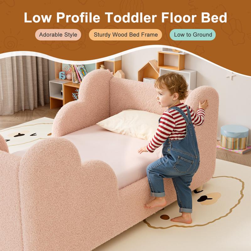 Cloud-Shaped Boucle Upholstered Toddler Bed with Safety Rails