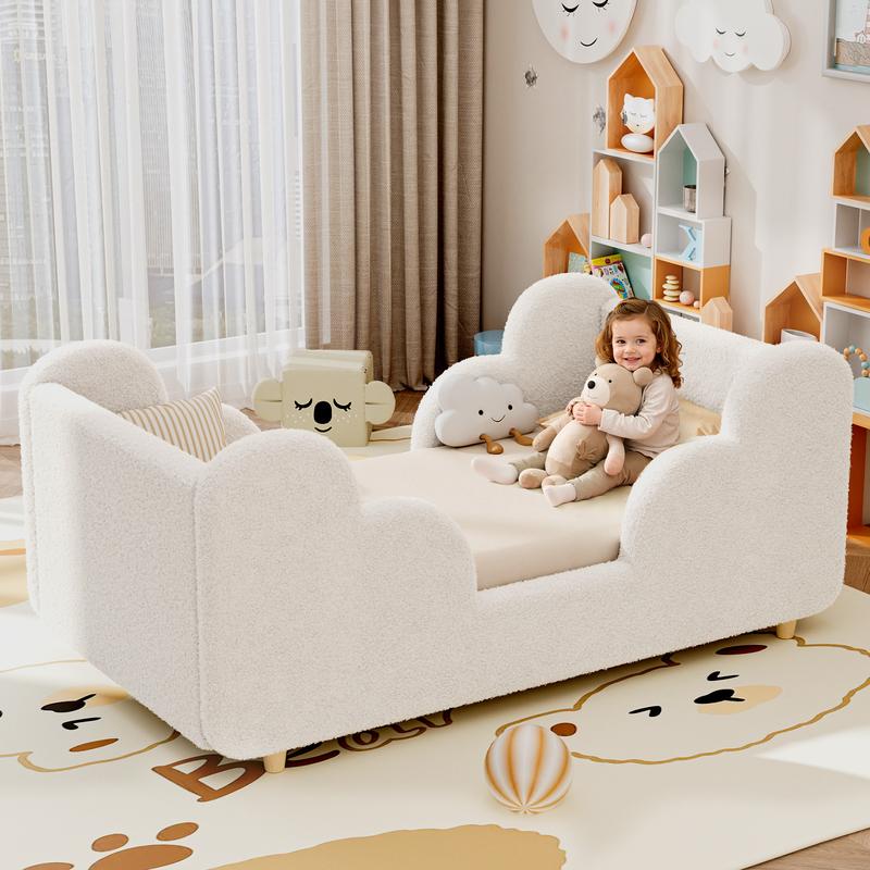 Cloud-Shaped Boucle Upholstered Toddler Bed with Safety Rails