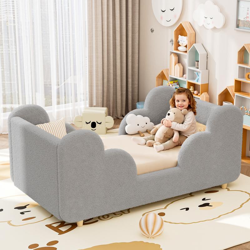 Cloud-Shaped Boucle Upholstered Toddler Bed with Safety Rails