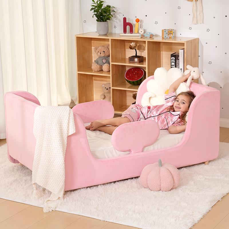 Cloud-Shaped Boucle Upholstered Toddler Bed with Safety Rails
